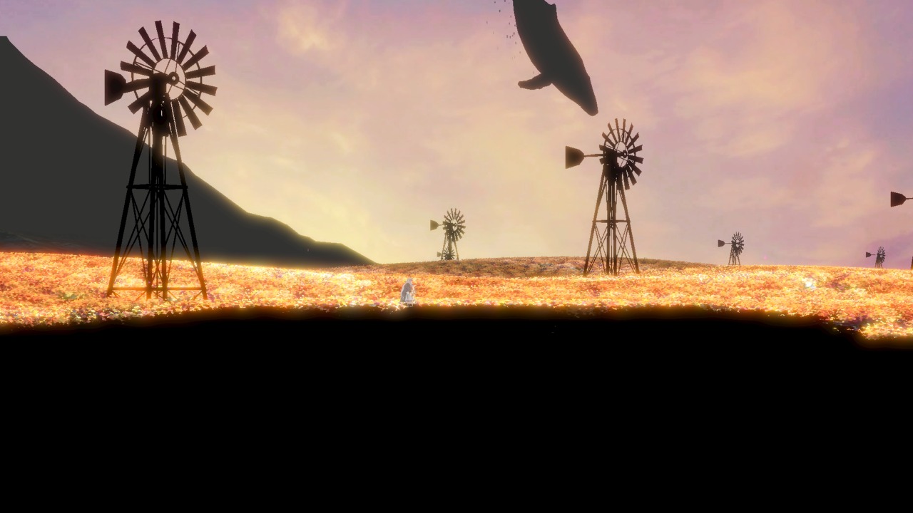 J.J. Macfield walks through a field of flowers, while a whale flies in the sky.