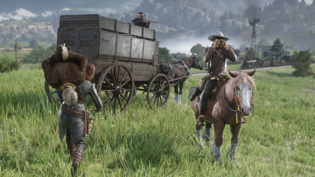 Concept still portraying three Bounty Hunters in action, one on horseback with binoculars, one carrying a bounty, and one aiming a rifle from the top of a wagon