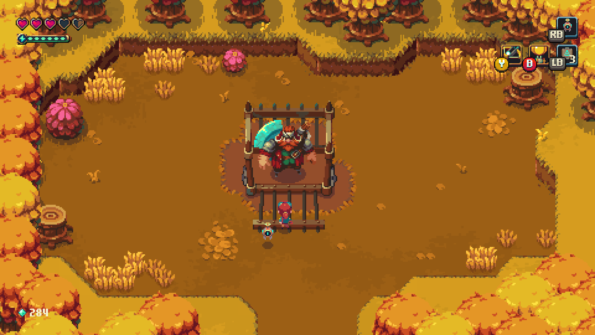 Image taken from Sparklite. Depicts player interacting with an NPC