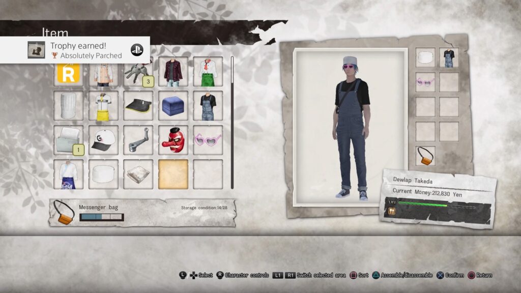 Gameplay still of Disaster Report 4 showing the inventory menu, in my inventory are multiple hats, a mask. and a school dress