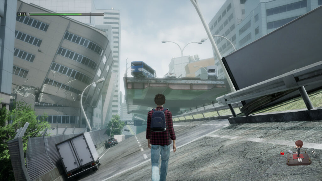 Gameplay still of Disaster Report 4, showing the protagonist balanced on a crumbling highway staring at its other half