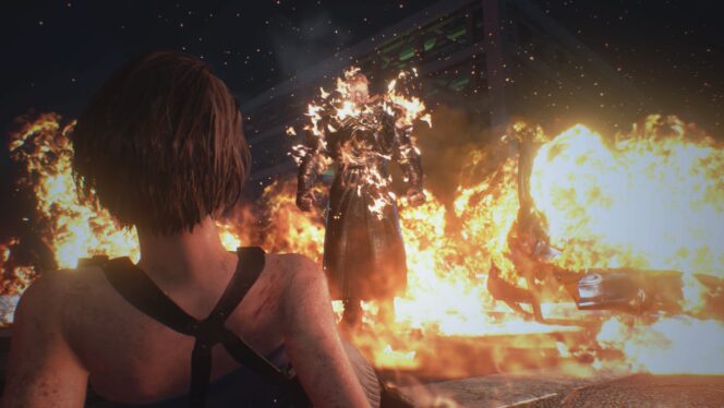Screenshot taken from RE3. Depicts Nemesis walking towards Jill while on fire.