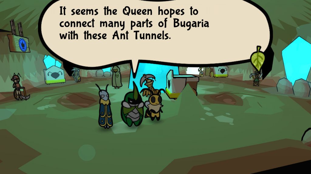 Gameplay image from Bug Fables: The Everlasting Sapling describing the Queen's hope to connect Bugaria with Ant Tunnels