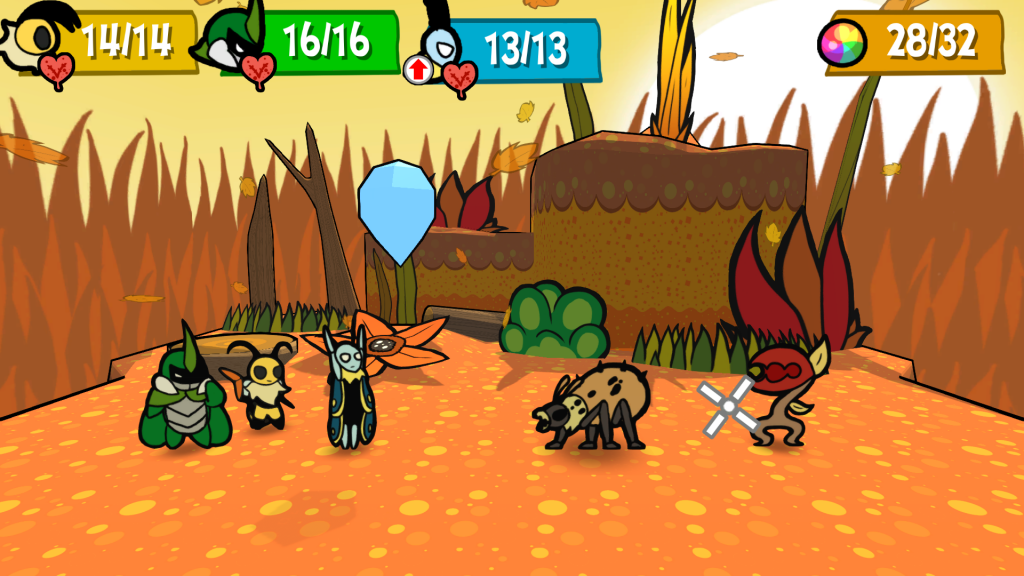 Gameplay image from Bug Fables: The Everlasting Sapling showing Leif about to deploy an Icefall against a Chomper enemy