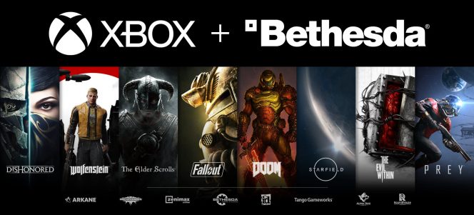 Promotional image for Microsoft's acquisition of Bethesda, shows Bethesda IPs Elder Scrolls, Fallout, Doom, etc standing in a row