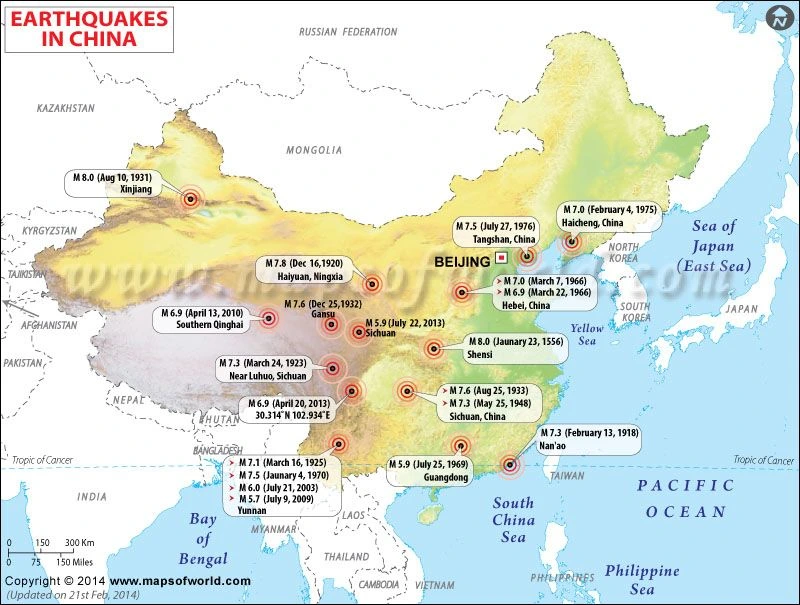 A map displaying the history of earthquakes in China, with various epicenters marked and magnitudes indicated, illustrating the geographic distribution and frequency of seismic activity across the region.