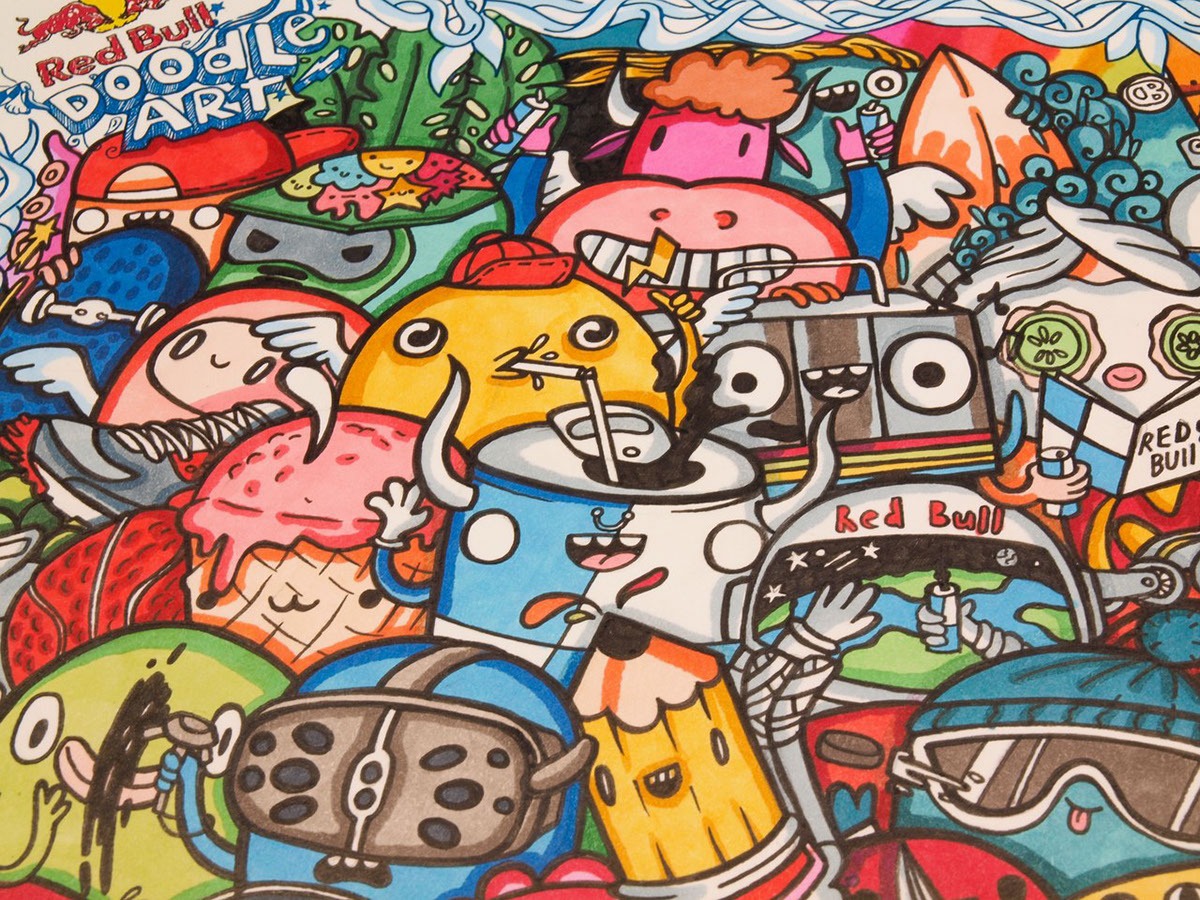 An artist's hands holding eco-friendly art supplies over a canvas covered in vibrant doodle paintings, highlighting the commitment to sustainability within the doodle art community.