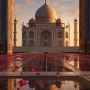 Close-up of the intricate marble carvings and inlay work on the Taj Mahal's walls.