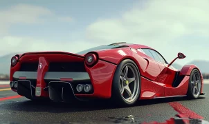 A vibrant red Ferrari parked at sunset, its glossy paint reflecting the golden light, showcasing the vehicle's aerodynamic design and the iconic prancing horse emblem.