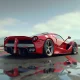 A vibrant red Ferrari parked at sunset, its glossy paint reflecting the golden light, showcasing the vehicle's aerodynamic design and the iconic prancing horse emblem.