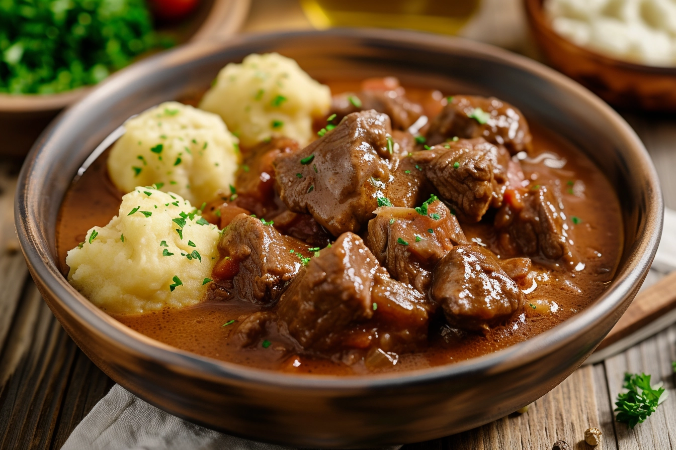 A bowl of hearty beef stew with tender chunks of meat and colorful vegetables.