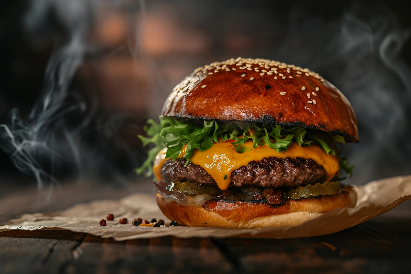 An array of fresh hamburger ingredients laid out on a kitchen counter, including ground beef patties, sliced tomatoes, lettuce, onions, assorted cheeses, and buns, ready for cooking and assembly.