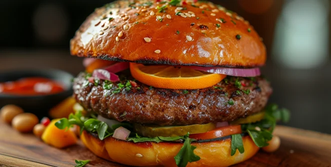 A hands-on view of a juicy, fully assembled hamburger being lifted from a rustic wooden cutting board, showcasing layers of beef, melted cheese, and fresh vegetables, with golden fries and ketchup on the side.