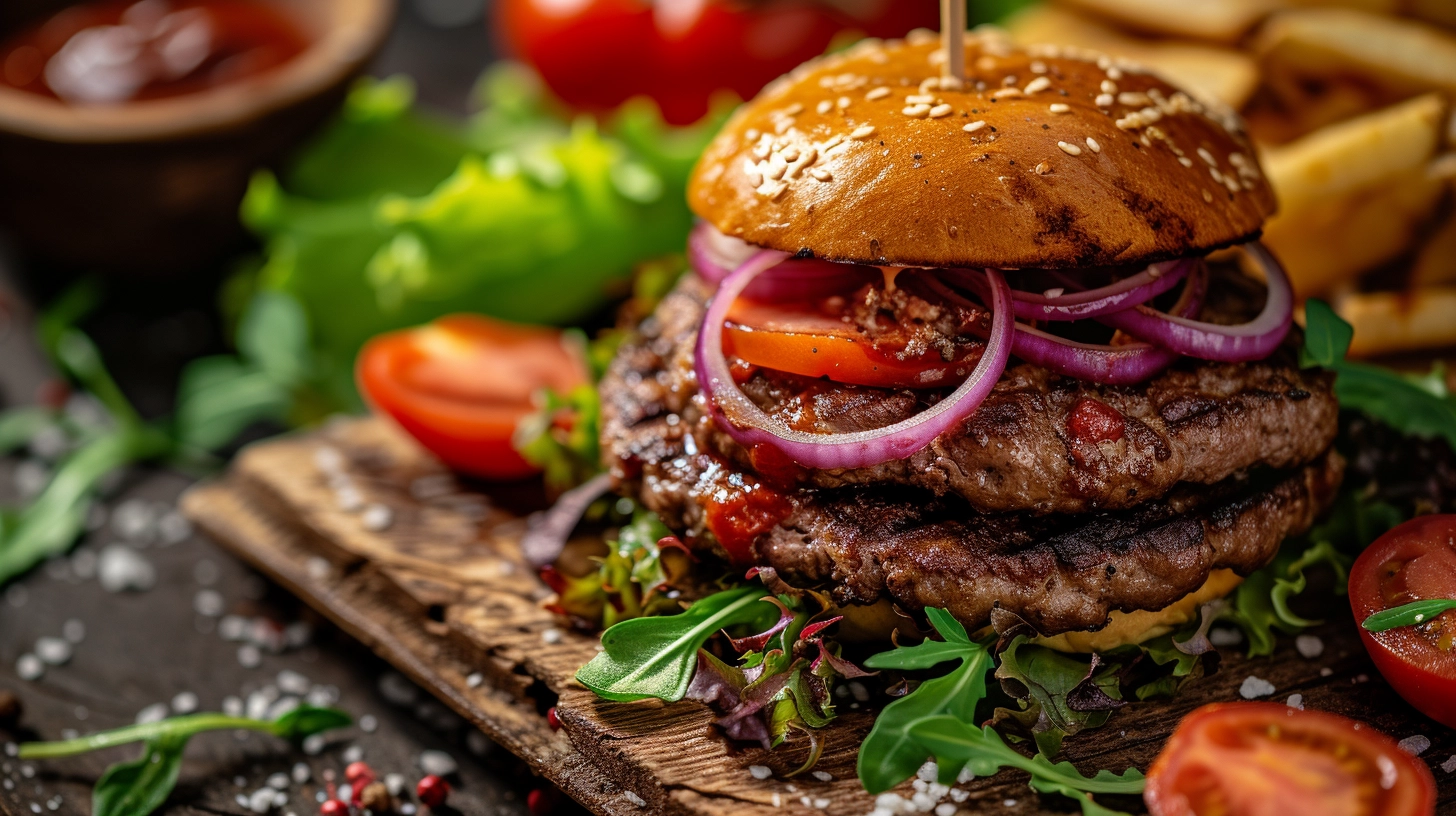A perfectly grilled hamburger patty with charred grill marks, topped with melted cheddar cheese, nestled between a toasted sesame seed bun, accompanied by crisp lettuce and ripe tomato slices.