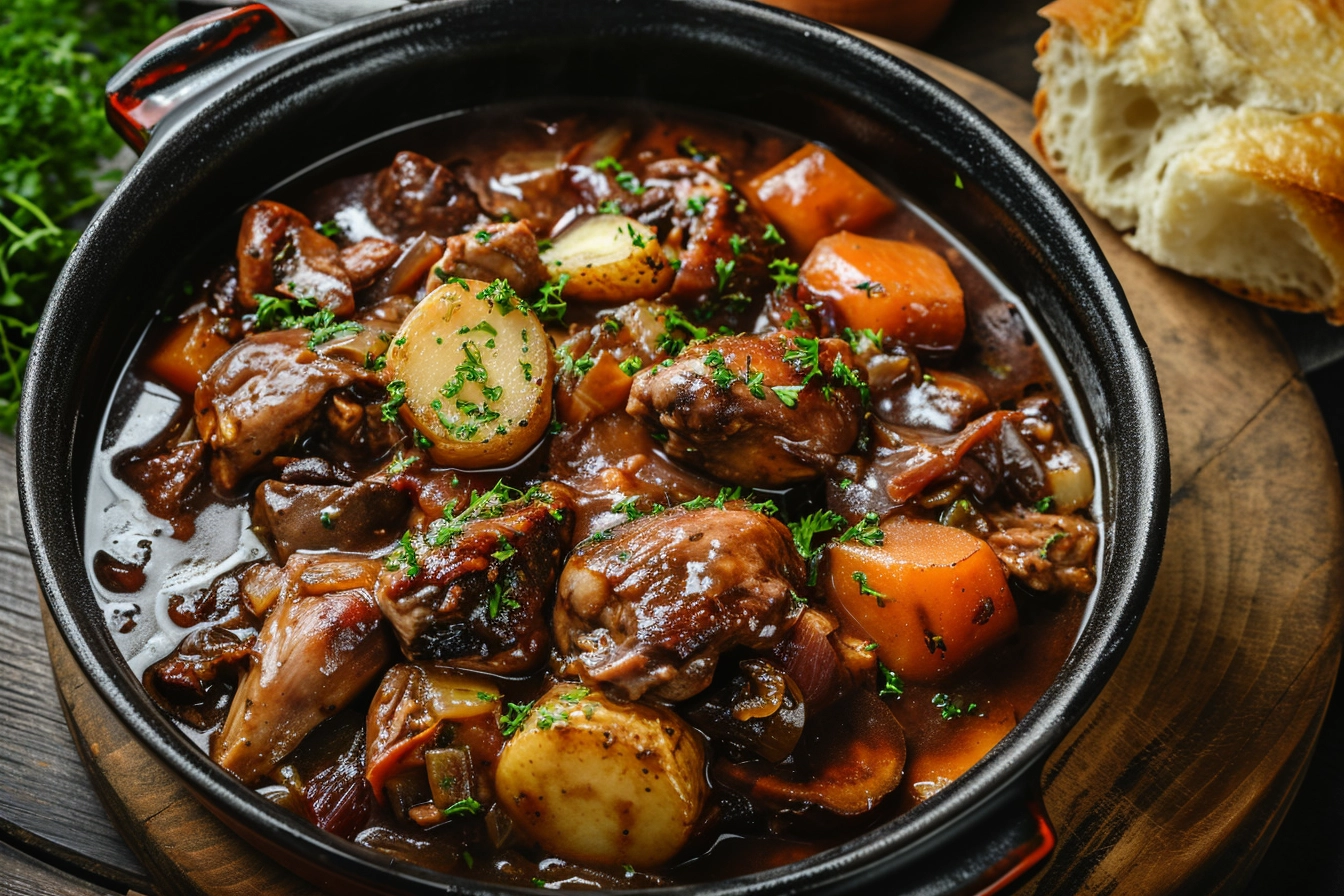 Close-up of a steaming bowl of homemade beef stew served with a side of crusty bread.