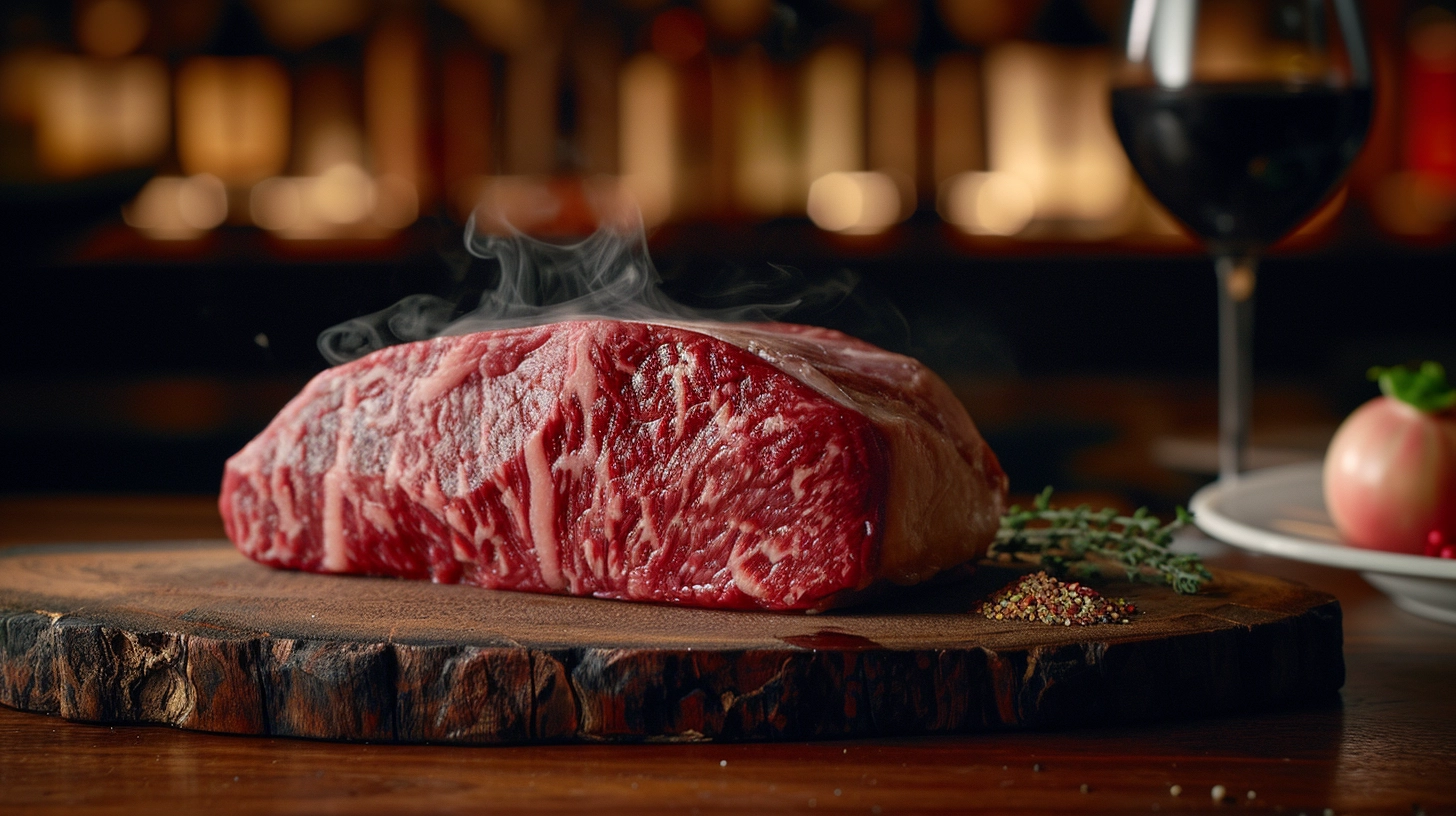 A mouthwatering Wagyu steak, seared to perfection and served with fresh herbs.