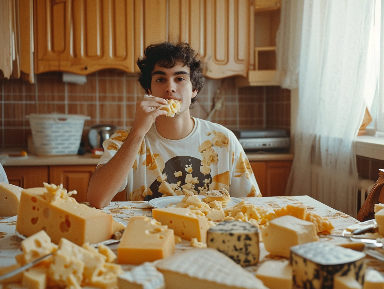 An assortment of various blue cheeses, including Roquefort, Gorgonzola, and Stilton, artfully arranged on a slate cheese board with grapes and crackers, inviting viewers to explore the rich diversity and bold flavors of blue cheeses.