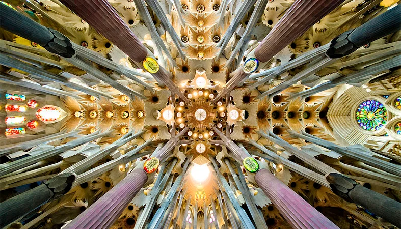 Interior of the Sagrada Familia highlighting the towering columns and colorful stained glass windows.