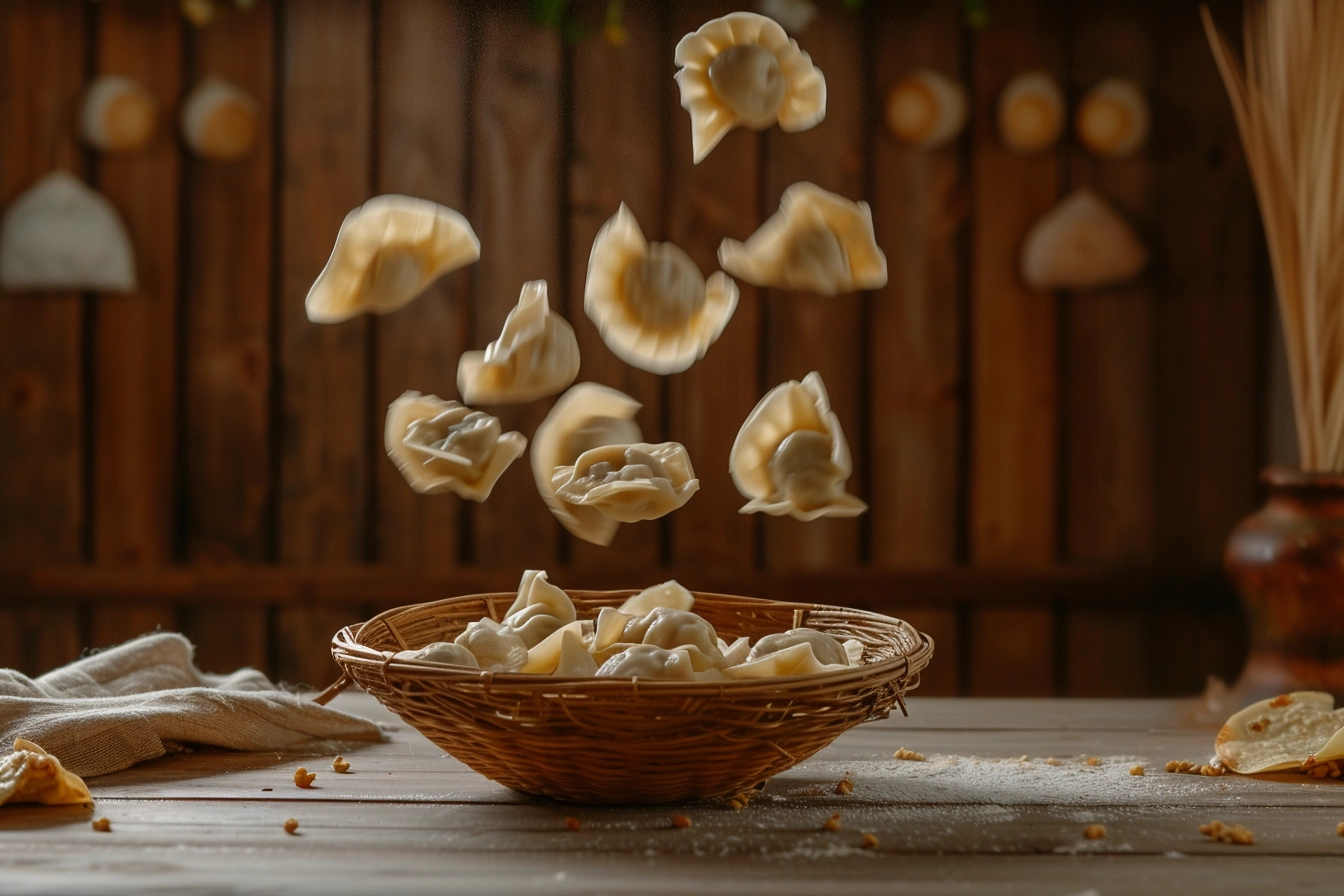 An assortment of freshly boiled pierogi, glistening with a light butter glaze, garnished with a sprinkle of chopped fresh herbs and a side of sour cream, presented on a white porcelain plate that contrasts with the golden brown and soft, doughy textures of the dumplings.