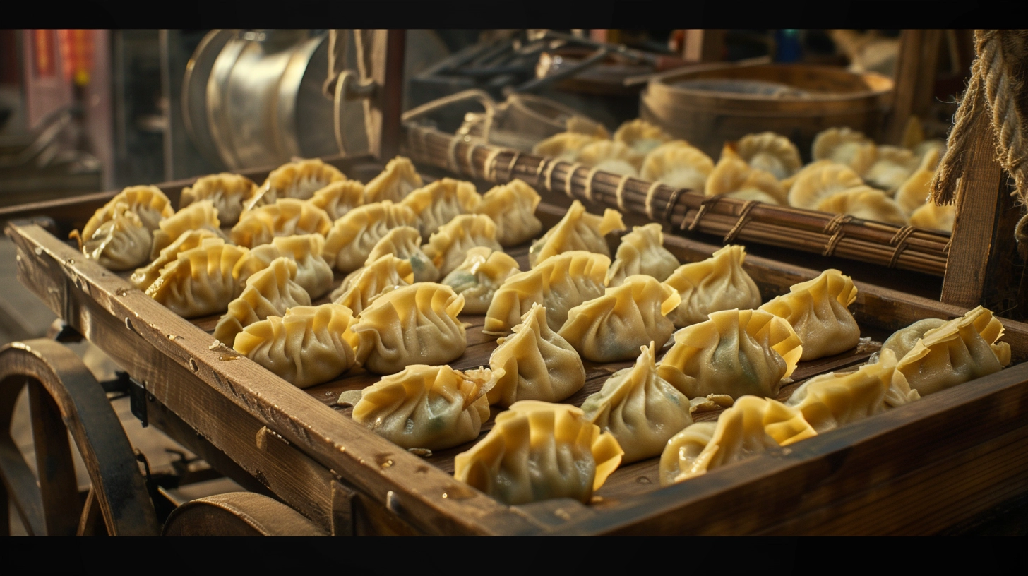 A steaming plate of homemade pierogi, meticulously arranged in a circular pattern, showcasing a variety of fillings peeking out from their delicately crimped edges, set against a rustic wooden table background to evoke a sense of homemade warmth and culinary tradition.