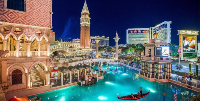 Ornate architecture and design of The Venetian Resort lobby.